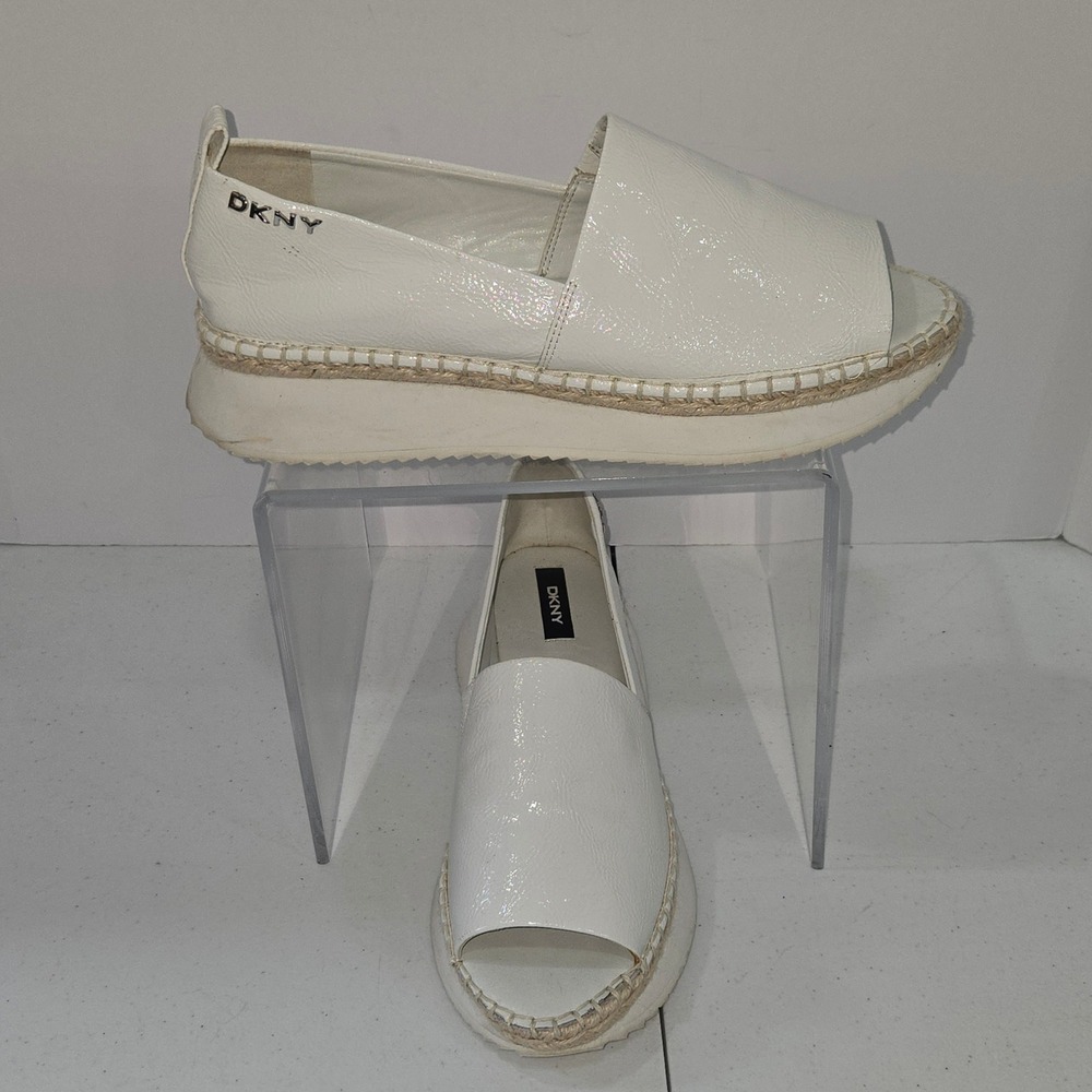 DKNY White Patent Platform Espadrille Sandals Peep Toe Slip On K1139956 Size 11M